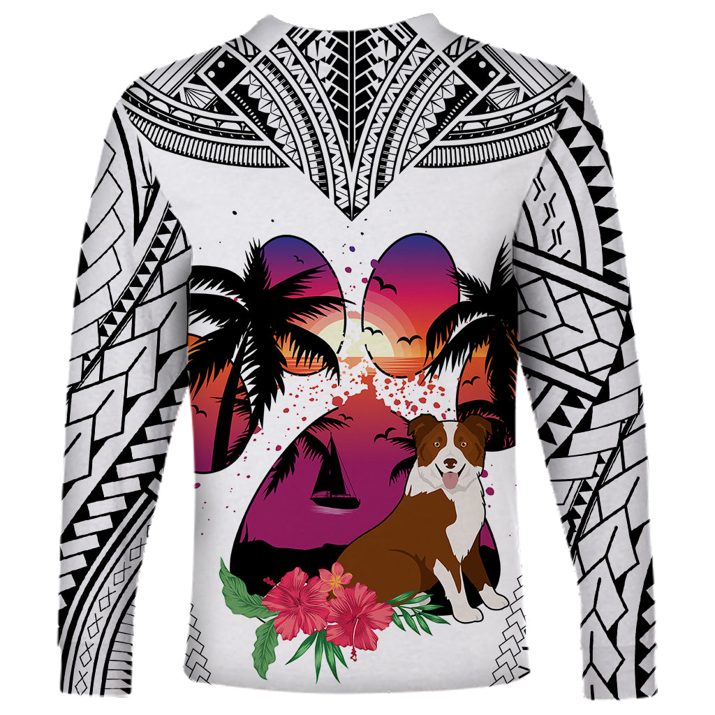 Polynesian Long Sleeve Shirt Dog Lover With Border Collie - Sunset At The Beach White Ver - Wonder Print Shop