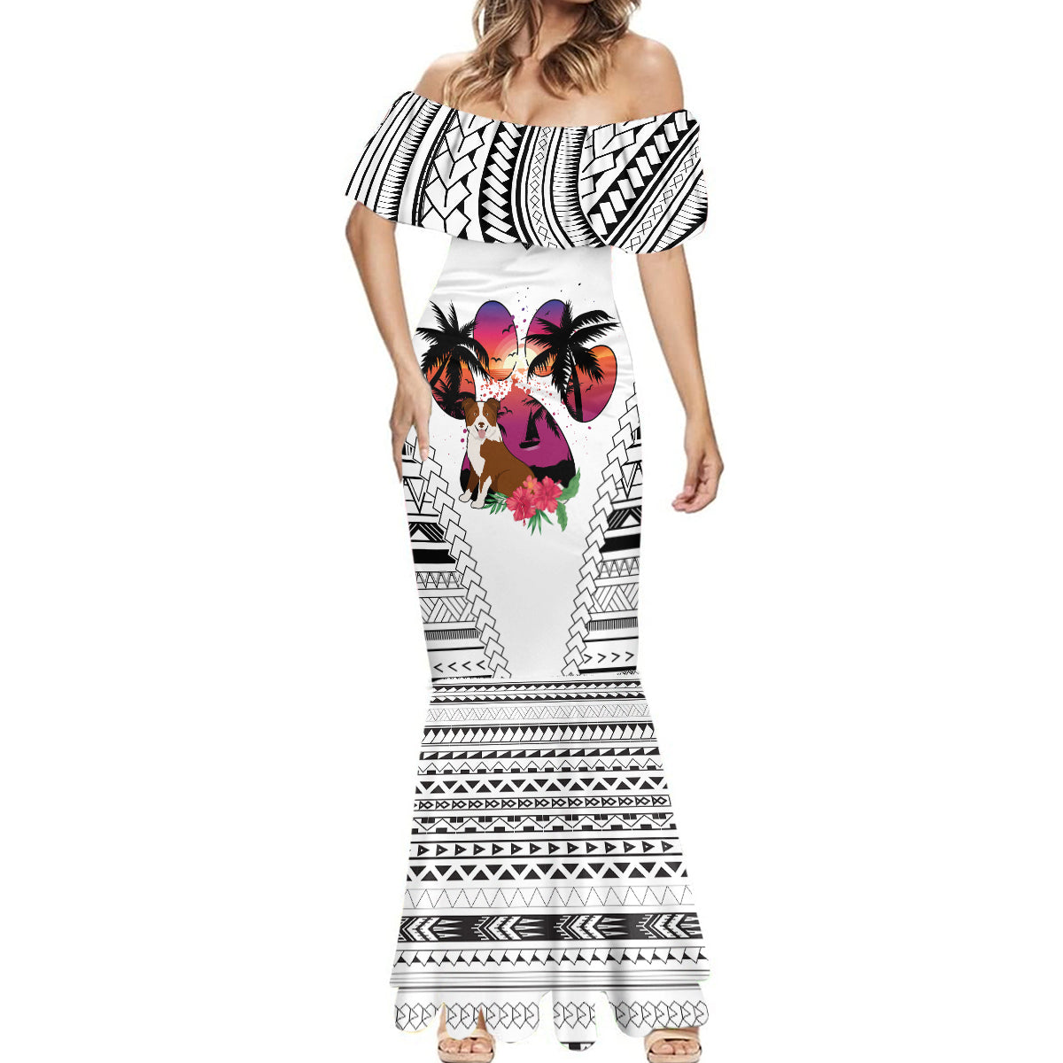 Polynesian Mermaid Dress Dog Lover With Border Collie - Sunset At The Beach White Ver - Wonder Print Shop