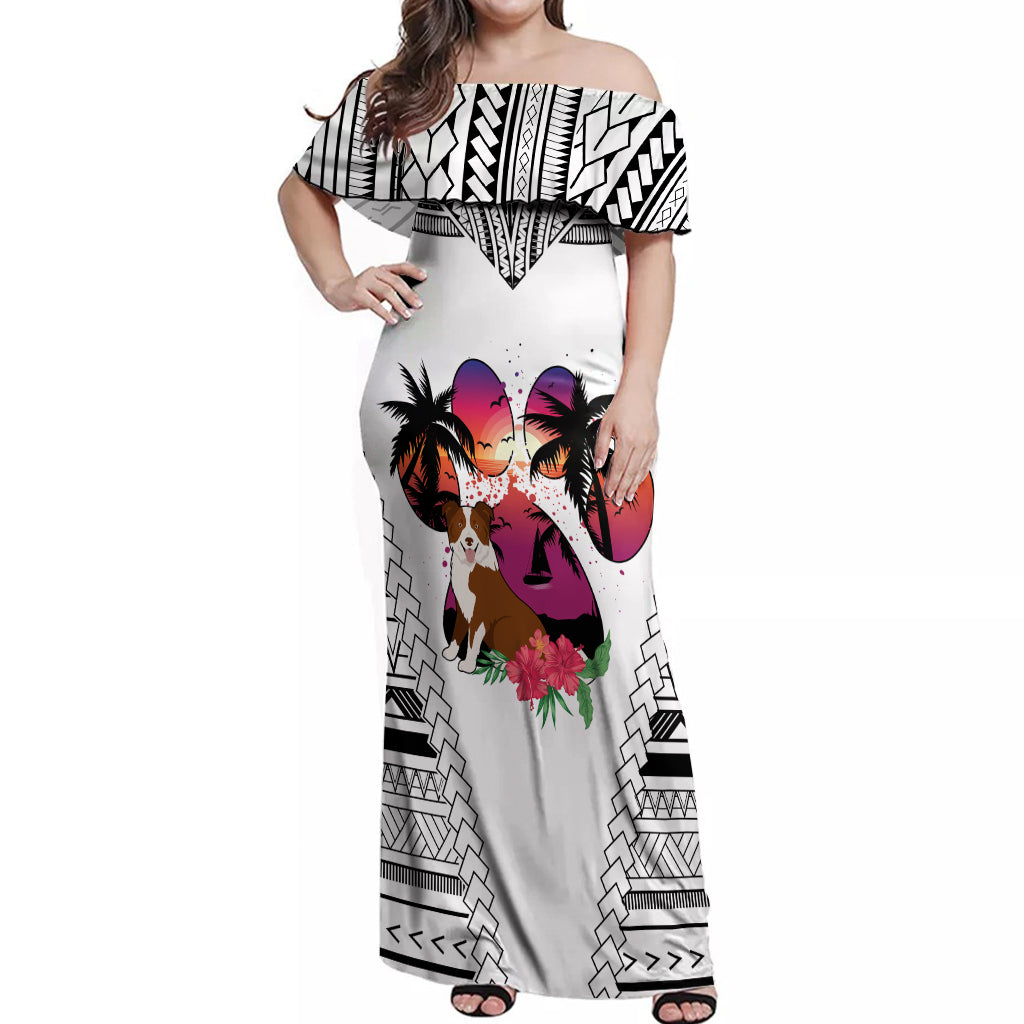 Polynesian Off Shoulder Maxi Dress Dog Lover With Border Collie - Sunset At The Beach White Ver - Wonder Print Shop