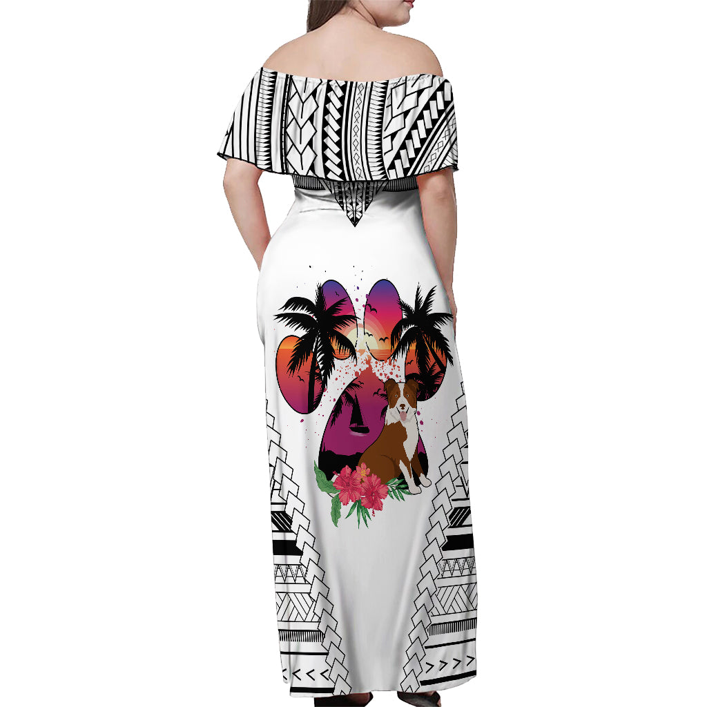 Polynesian Off Shoulder Maxi Dress Dog Lover With Border Collie - Sunset At The Beach White Ver - Wonder Print Shop