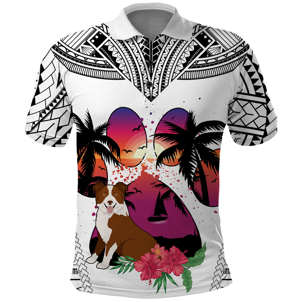 Polynesian Polo Shirt Dog Lover With Border Collie - Sunset At The Beach White Ver - Wonder Print Shop