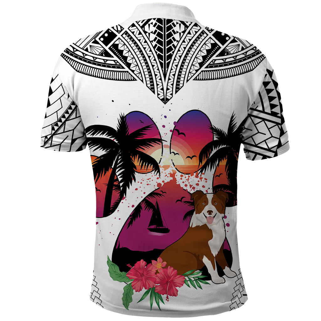Polynesian Polo Shirt Dog Lover With Border Collie - Sunset At The Beach White Ver - Wonder Print Shop
