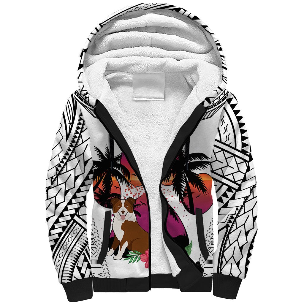 Polynesian Sherpa Hoodie Dog Lover With Border Collie - Sunset At The Beach White Ver - Wonder Print Shop