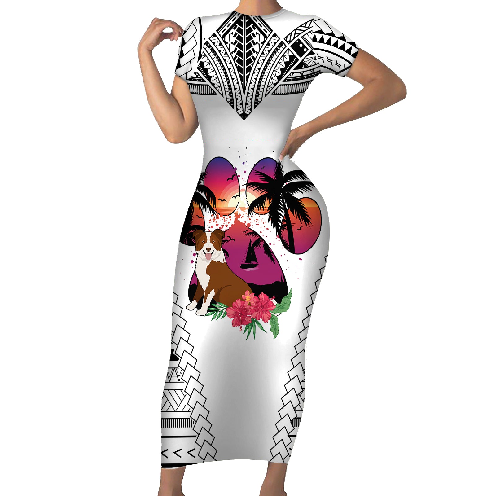 Polynesian Short Sleeve Bodycon Dress Dog Lover With Border Collie - Sunset At The Beach White Ver - Wonder Print Shop