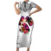 Polynesian Short Sleeve Bodycon Dress Dog Lover With Border Collie - Sunset At The Beach White Ver - Wonder Print Shop