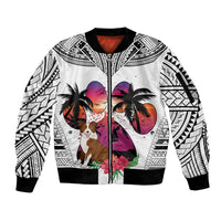 Polynesian Sleeve Zip Bomber Jacket Dog Lover With Border Collie - Sunset At The Beach White Ver - Wonder Print Shop