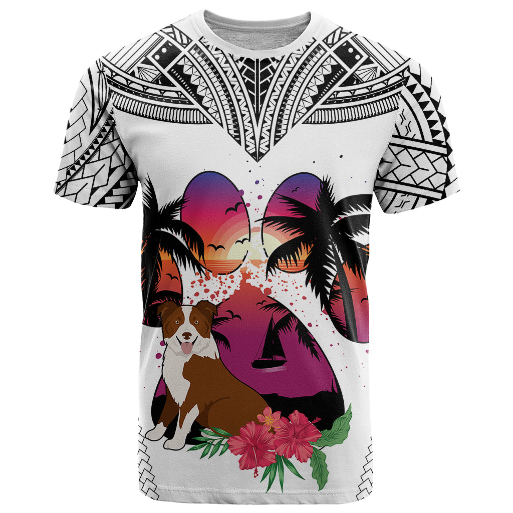 Polynesian T Shirt Dog Lover With Border Collie - Sunset At The Beach White Ver - Wonder Print Shop