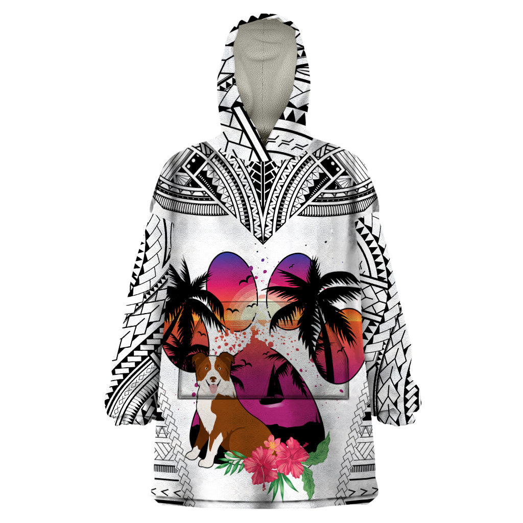Polynesian Wearable Blanket Hoodie Dog Lover With Border Collie - Sunset At The Beach White Ver - Wonder Print Shop