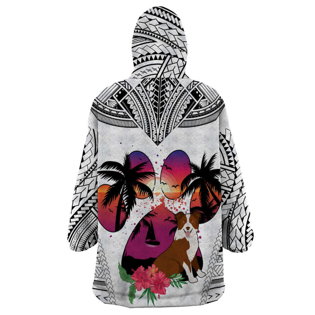 Polynesian Wearable Blanket Hoodie Dog Lover With Border Collie - Sunset At The Beach White Ver - Wonder Print Shop