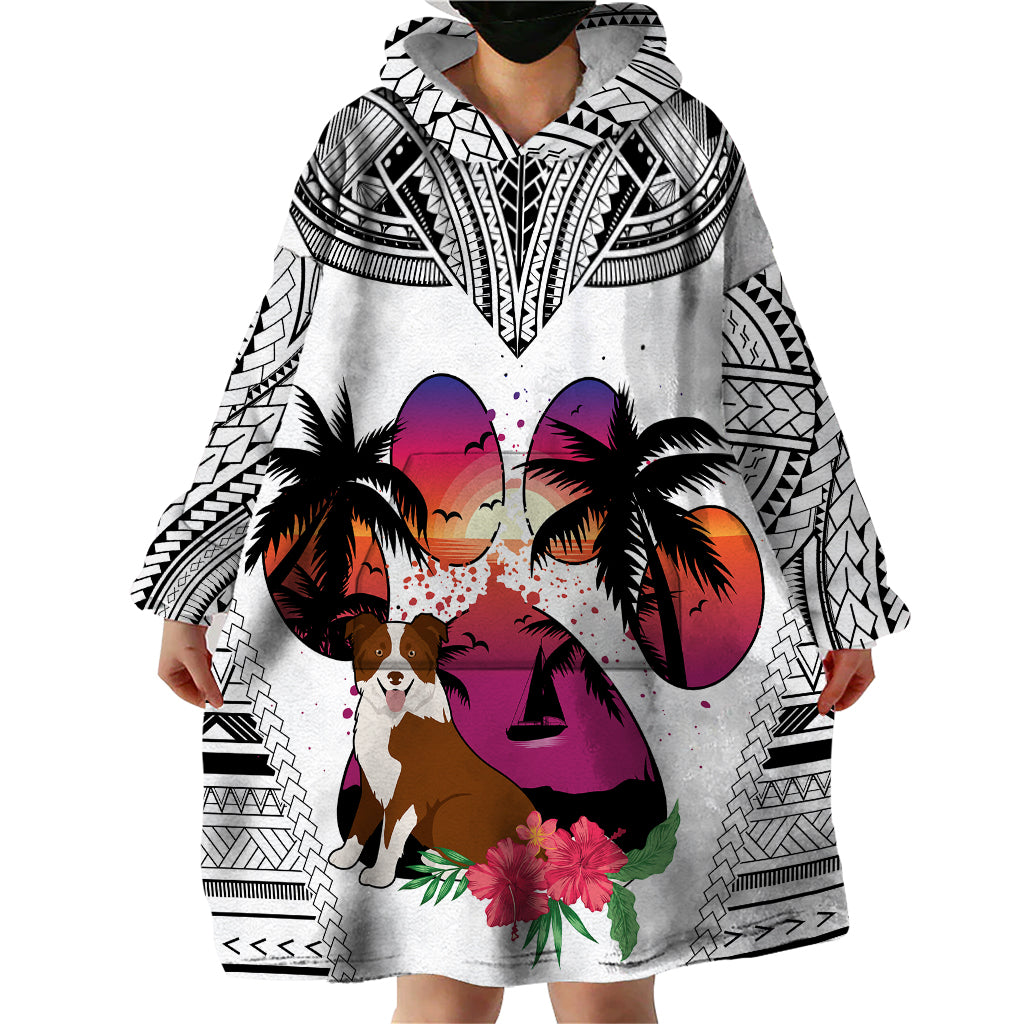Polynesian Wearable Blanket Hoodie Dog Lover With Border Collie - Sunset At The Beach White Ver - Wonder Print Shop