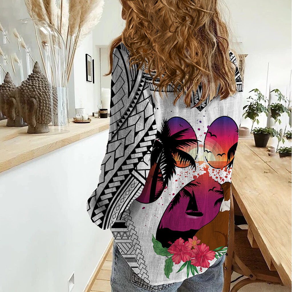 Polynesian Women Casual Shirt Dog Lover With Border Collie - Sunset At The Beach White Ver - Wonder Print Shop