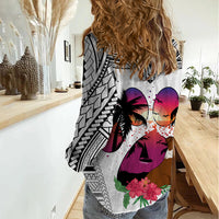 Polynesian Women Casual Shirt Dog Lover With Border Collie - Sunset At The Beach White Ver - Wonder Print Shop