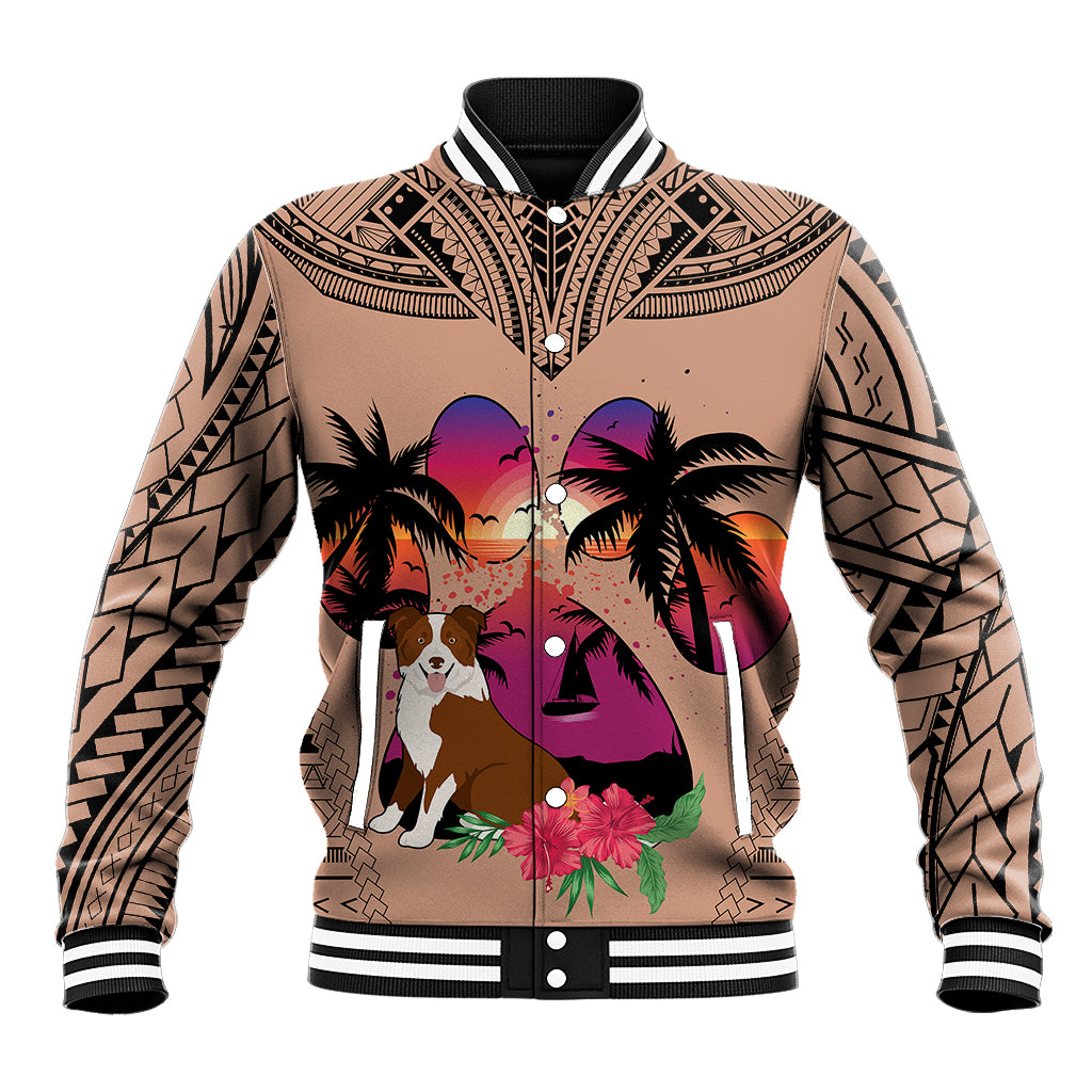 Polynesian Baseball Jacket Dog Lover With Border Collie - Sunset At The Beach Brown Ver LT7 - Wonder Print Shop