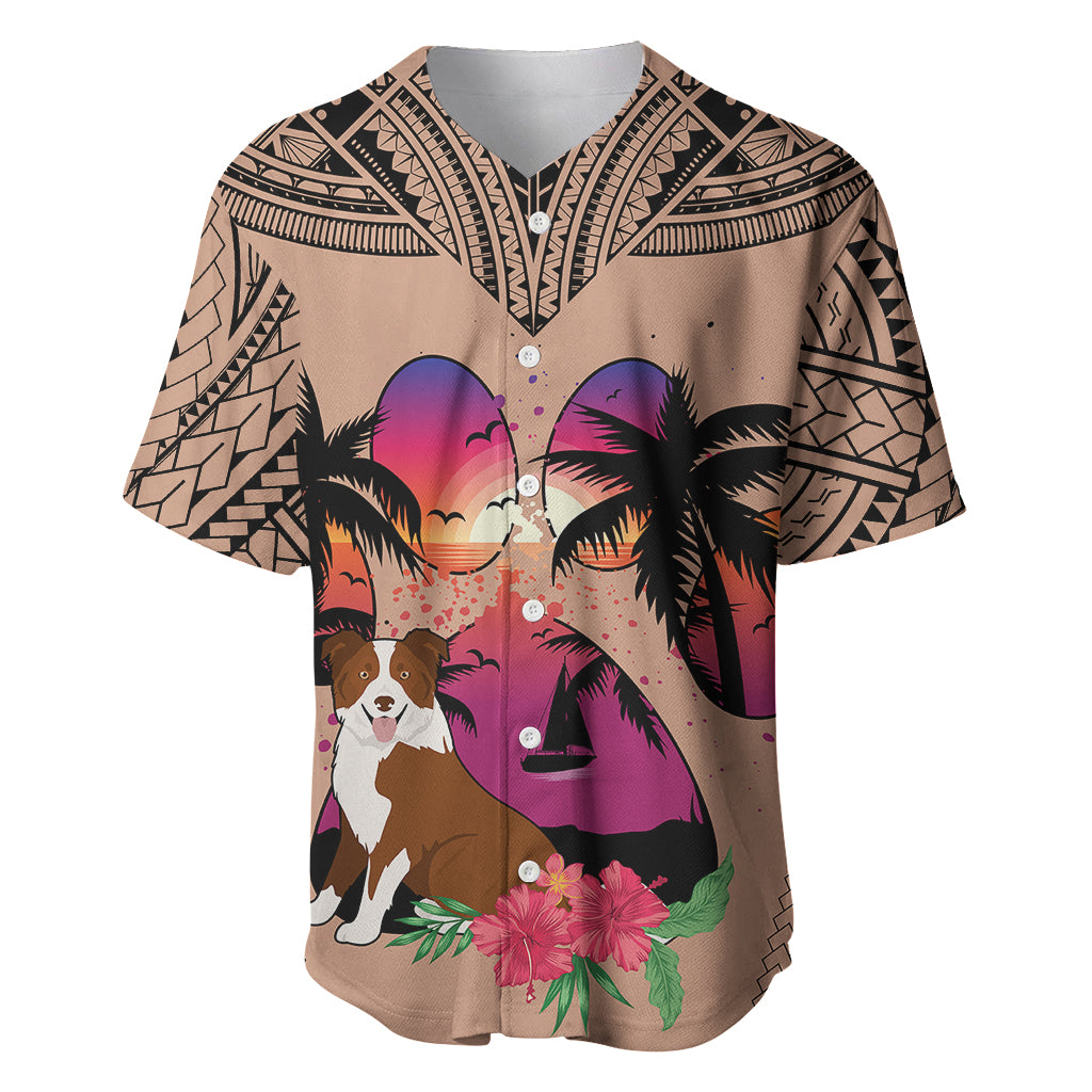 Polynesian Baseball Jersey Dog Lover With Border Collie - Sunset At The Beach Brown Ver LT7 - Wonder Print Shop