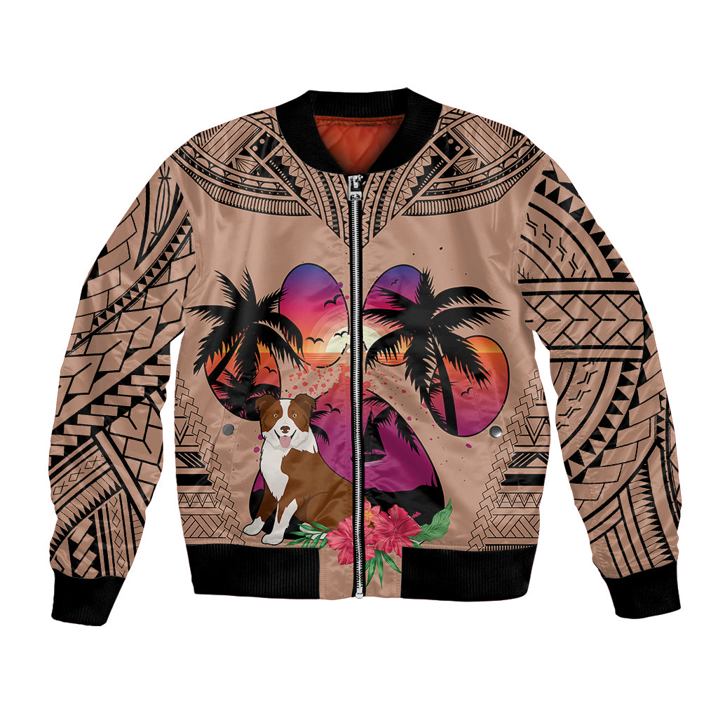 Polynesian Bomber Jacket Dog Lover With Border Collie - Sunset At The Beach Brown Ver LT7 - Wonder Print Shop