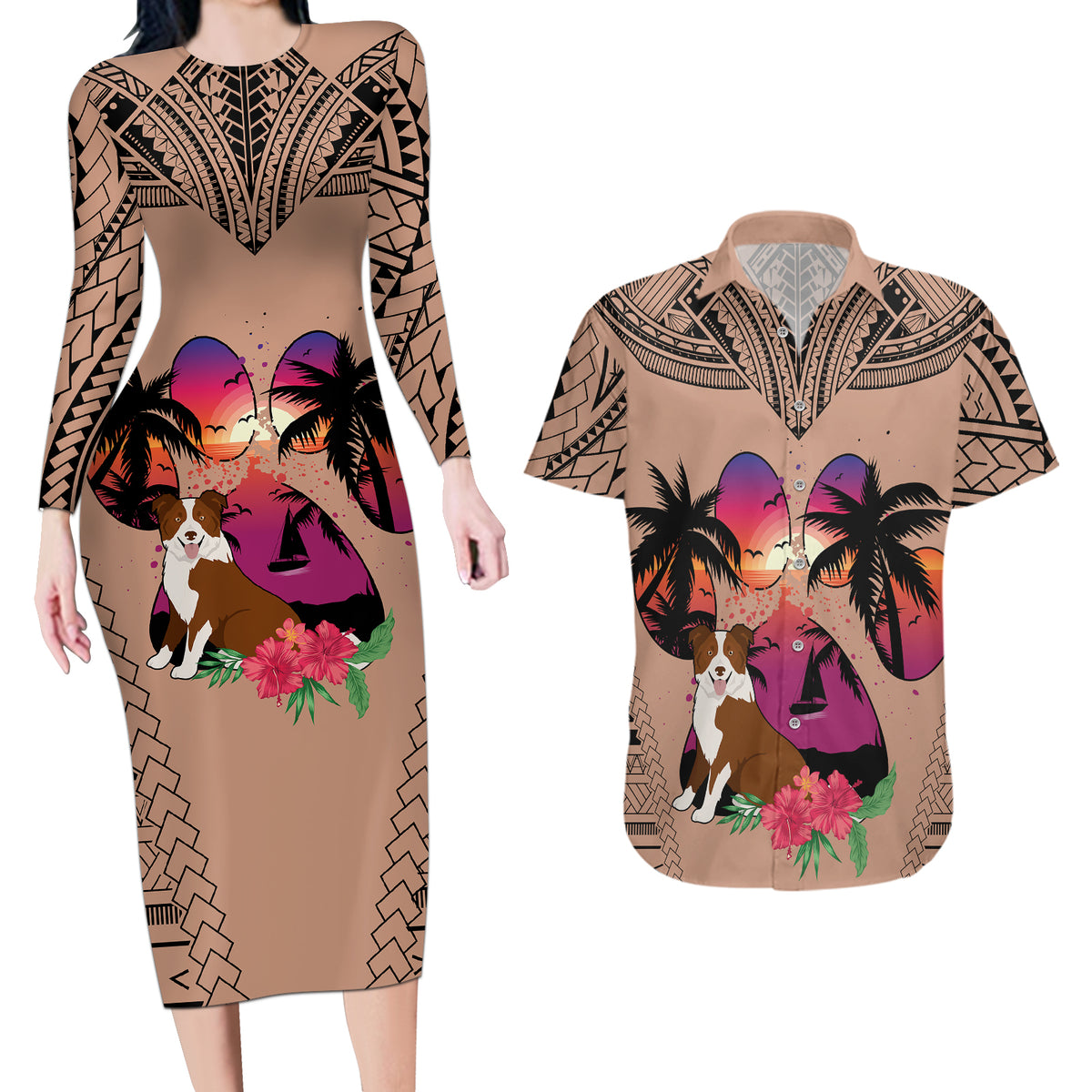 Polynesian Couples Matching Long Sleeve Bodycon Dress and Hawaiian Shirt Dog Lover With Border Collie - Sunset At The Beach Brown Ver LT7 - Wonder Print Shop