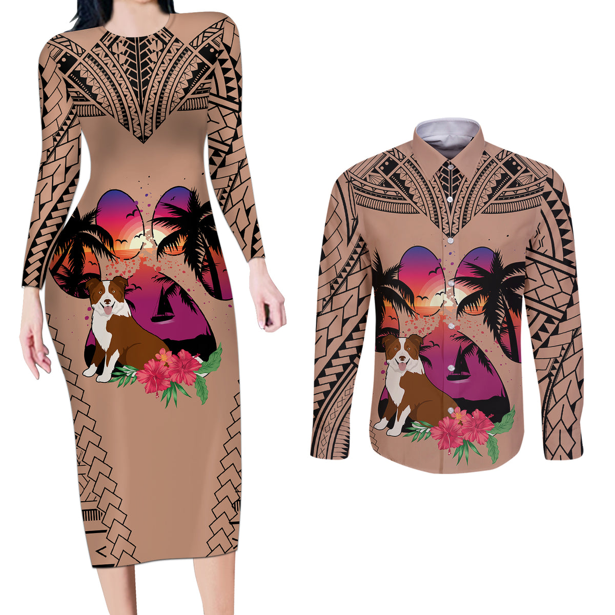Polynesian Couples Matching Long Sleeve Bodycon Dress and Long Sleeve Button Shirts Dog Lover With Border Collie - Sunset At The Beach Brown Ver LT7 - Wonder Print Shop