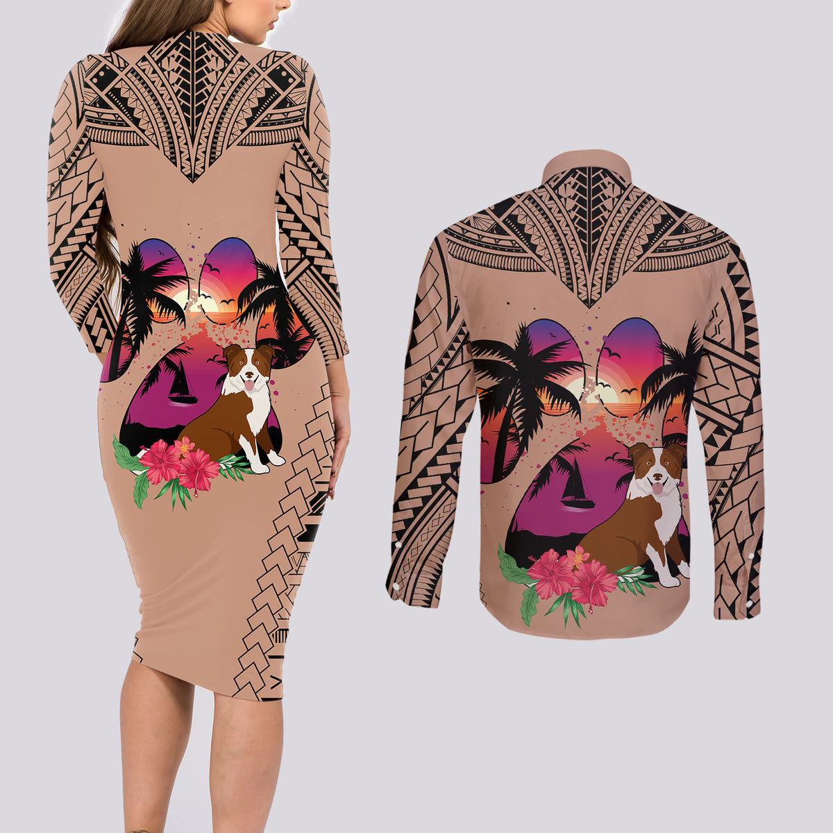 Polynesian Couples Matching Long Sleeve Bodycon Dress and Long Sleeve Button Shirts Dog Lover With Border Collie - Sunset At The Beach Brown Ver LT7 - Wonder Print Shop