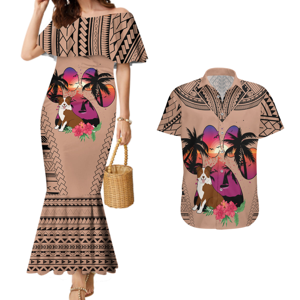 Polynesian Couples Matching Mermaid Dress and Hawaiian Shirt Dog Lover With Border Collie - Sunset At The Beach Brown Ver LT7 - Wonder Print Shop