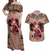 Polynesian Couples Matching Off Shoulder Maxi Dress and Hawaiian Shirt Dog Lover With Border Collie - Sunset At The Beach Brown Ver LT7 - Wonder Print Shop