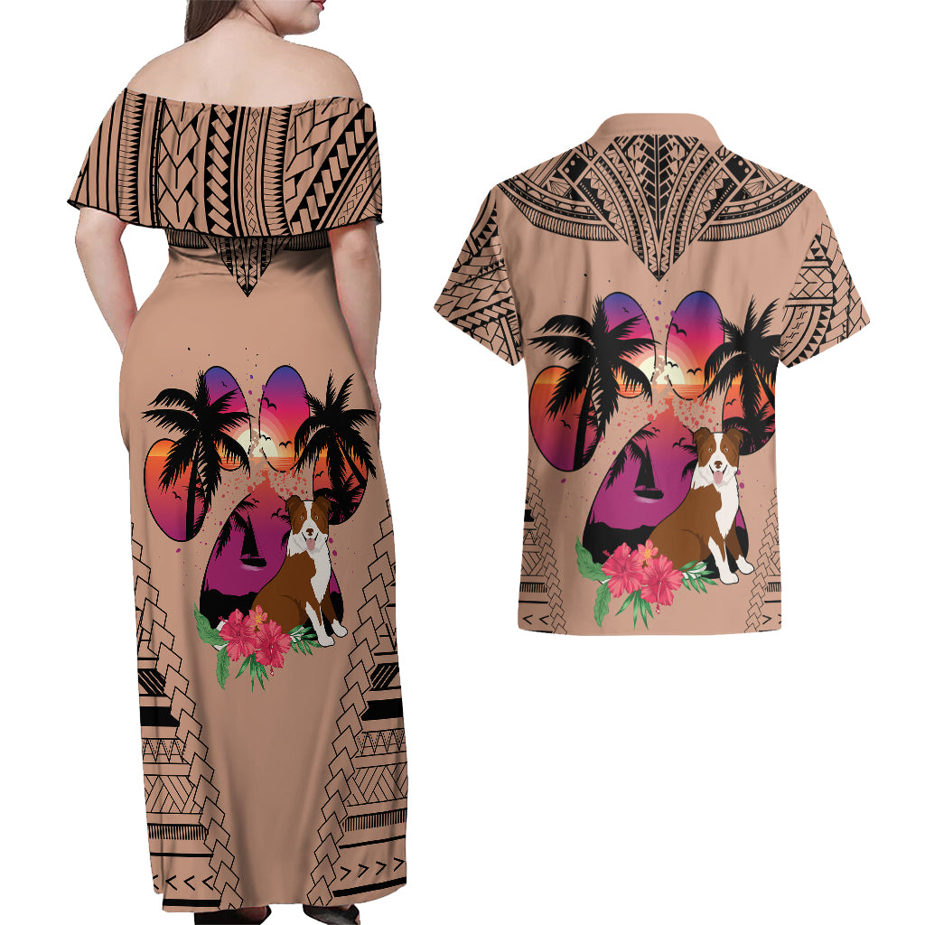 Polynesian Couples Matching Off Shoulder Maxi Dress and Hawaiian Shirt Dog Lover With Border Collie - Sunset At The Beach Brown Ver LT7 - Wonder Print Shop