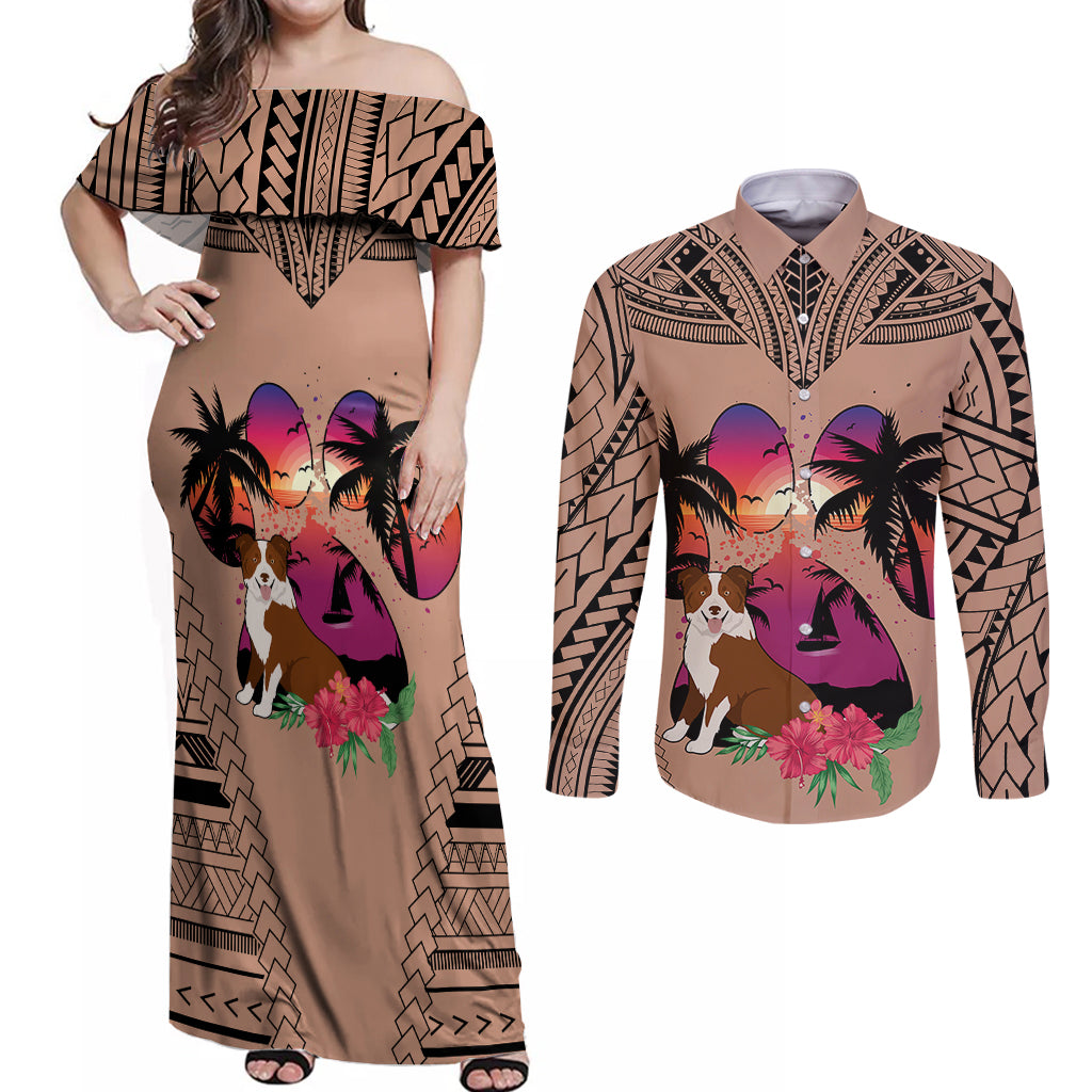 Polynesian Couples Matching Off Shoulder Maxi Dress and Long Sleeve Button Shirts Dog Lover With Border Collie - Sunset At The Beach Brown Ver LT7 - Wonder Print Shop