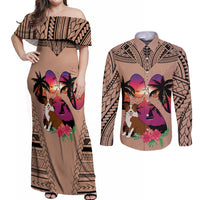 Polynesian Couples Matching Off Shoulder Maxi Dress and Long Sleeve Button Shirts Dog Lover With Border Collie - Sunset At The Beach Brown Ver LT7 - Wonder Print Shop