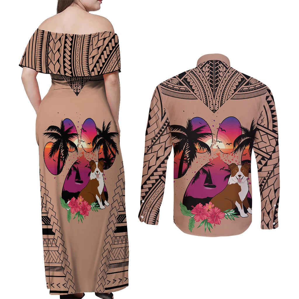 Polynesian Couples Matching Off Shoulder Maxi Dress and Long Sleeve Button Shirts Dog Lover With Border Collie - Sunset At The Beach Brown Ver LT7 - Wonder Print Shop