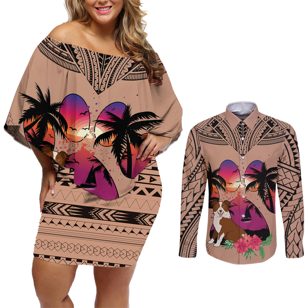 Polynesian Couples Matching Off Shoulder Short Dress and Long Sleeve Button Shirts Dog Lover With Border Collie - Sunset At The Beach Brown Ver LT7 - Wonder Print Shop