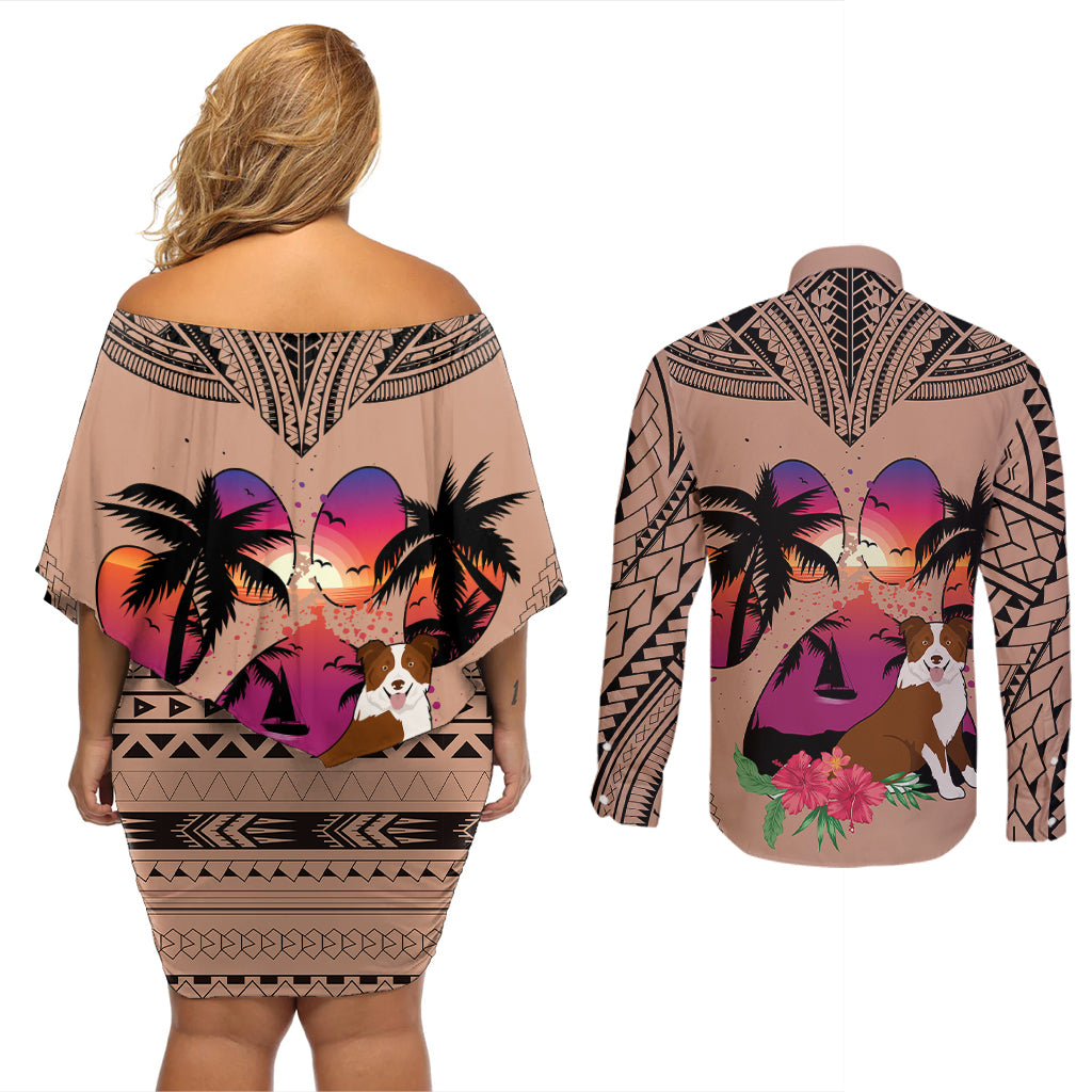 Polynesian Couples Matching Off Shoulder Short Dress and Long Sleeve Button Shirts Dog Lover With Border Collie - Sunset At The Beach Brown Ver LT7 - Wonder Print Shop
