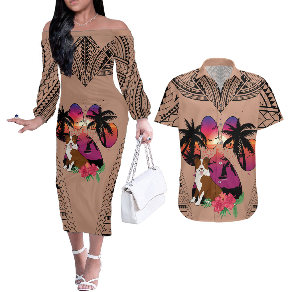Polynesian Couples Matching Off The Shoulder Long Sleeve Dress and Hawaiian Shirt Dog Lover With Border Collie - Sunset At The Beach Brown Ver LT7 - Wonder Print Shop