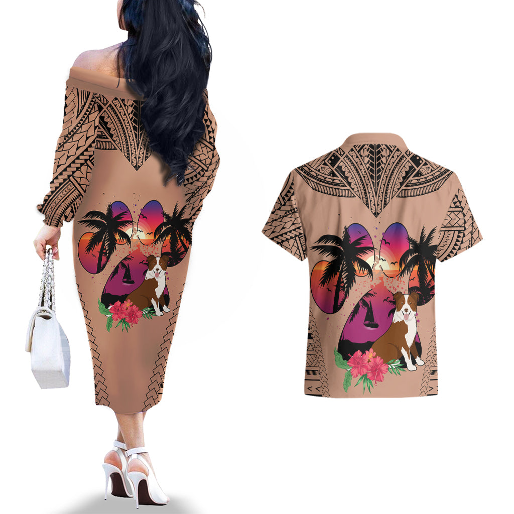 Polynesian Couples Matching Off The Shoulder Long Sleeve Dress and Hawaiian Shirt Dog Lover With Border Collie - Sunset At The Beach Brown Ver LT7 - Wonder Print Shop