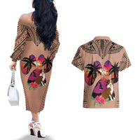 Polynesian Couples Matching Off The Shoulder Long Sleeve Dress and Hawaiian Shirt Dog Lover With Border Collie - Sunset At The Beach Brown Ver LT7 - Wonder Print Shop