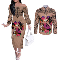 polynesian-couples-matching-off-the-shoulder-long-sleeve-dress-and-long-sleeve-button-shirts-dog-lover-with-border-collie-sunset-at-the-beach-brown-ver