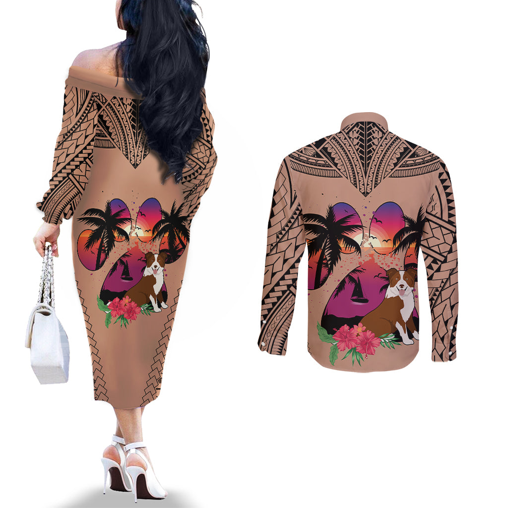 polynesian-couples-matching-off-the-shoulder-long-sleeve-dress-and-long-sleeve-button-shirts-dog-lover-with-border-collie-sunset-at-the-beach-brown-ver