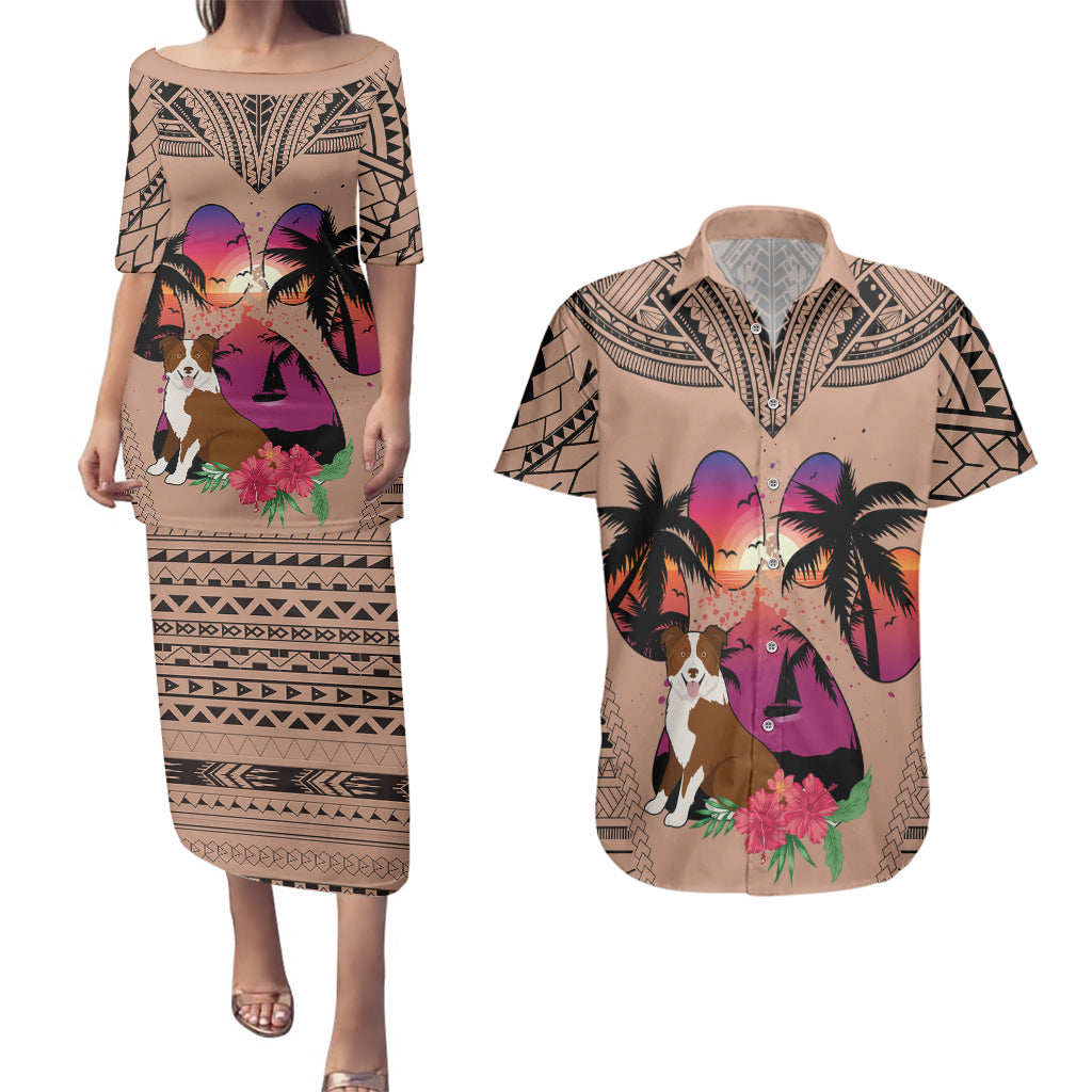 Polynesian Couples Matching Puletasi Dress and Hawaiian Shirt Dog Lover With Border Collie - Sunset At The Beach Brown Ver LT7 - Wonder Print Shop