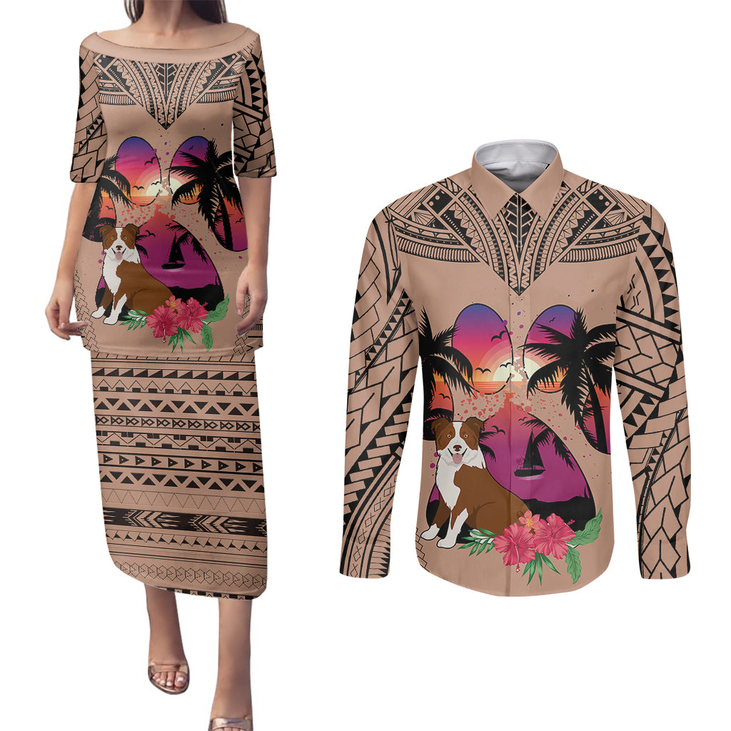 Polynesian Couples Matching Puletasi Dress and Long Sleeve Button Shirts Dog Lover With Border Collie - Sunset At The Beach Brown Ver LT7 - Wonder Print Shop