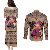 Polynesian Couples Matching Puletasi Dress and Long Sleeve Button Shirts Dog Lover With Border Collie - Sunset At The Beach Brown Ver LT7 - Wonder Print Shop