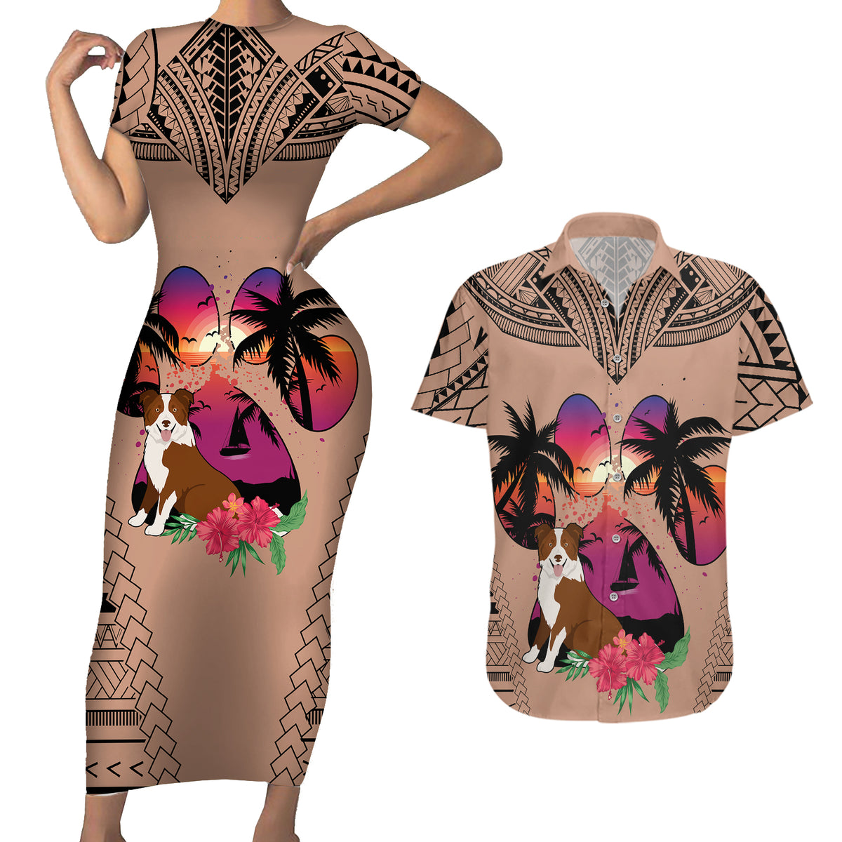 Polynesian Couples Matching Short Sleeve Bodycon Dress and Hawaiian Shirt Dog Lover With Border Collie - Sunset At The Beach Brown Ver LT7 - Wonder Print Shop