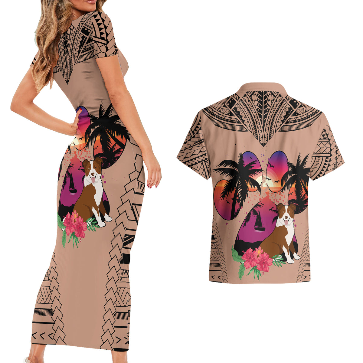 Polynesian Couples Matching Short Sleeve Bodycon Dress and Hawaiian Shirt Dog Lover With Border Collie - Sunset At The Beach Brown Ver LT7 - Wonder Print Shop