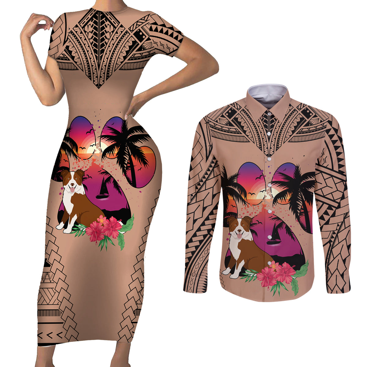 Polynesian Couples Matching Short Sleeve Bodycon Dress and Long Sleeve Button Shirts Dog Lover With Border Collie - Sunset At The Beach Brown Ver LT7 - Wonder Print Shop