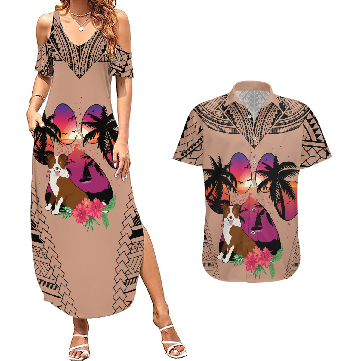 Polynesian Couples Matching Summer Maxi Dress and Hawaiian Shirt Dog Lover With Border Collie - Sunset At The Beach Brown Ver LT7 - Wonder Print Shop