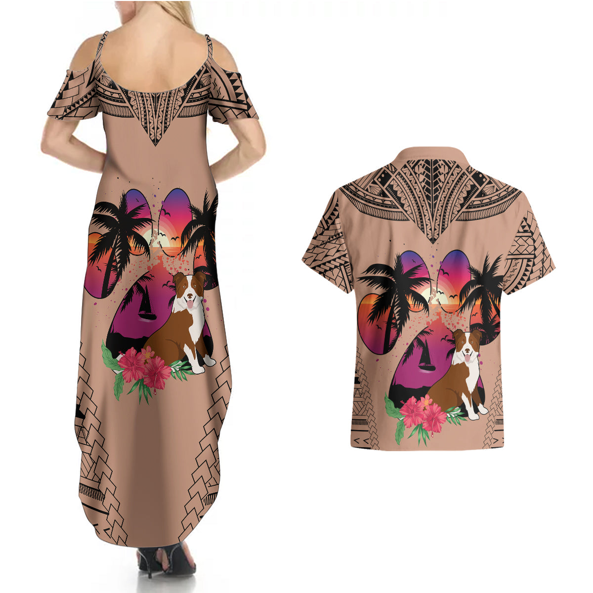 Polynesian Couples Matching Summer Maxi Dress and Hawaiian Shirt Dog Lover With Border Collie - Sunset At The Beach Brown Ver LT7 - Wonder Print Shop