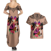 Polynesian Couples Matching Summer Maxi Dress and Hawaiian Shirt Dog Lover With Border Collie - Sunset At The Beach Brown Ver LT7 - Wonder Print Shop