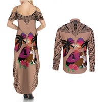 Polynesian Couples Matching Summer Maxi Dress and Long Sleeve Button Shirts Dog Lover With Border Collie - Sunset At The Beach Brown Ver LT7 - Wonder Print Shop