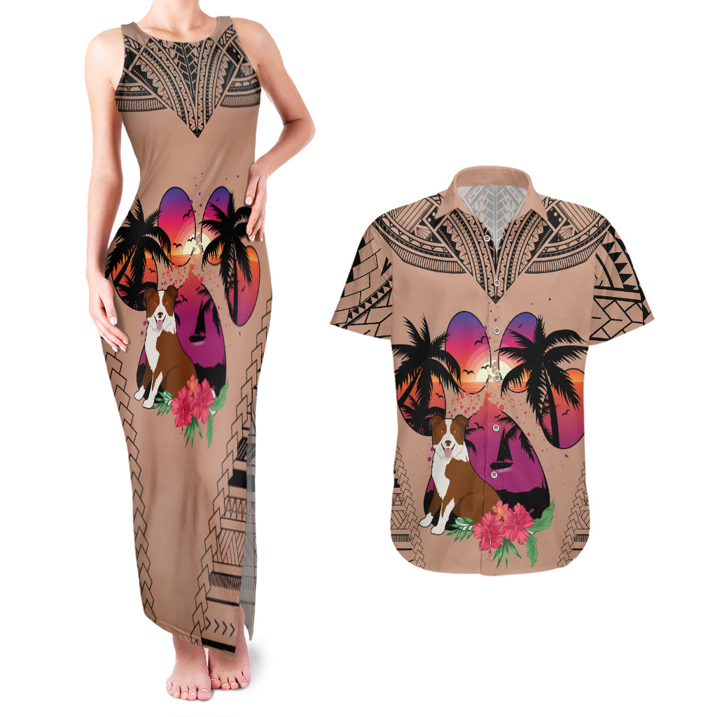 Polynesian Couples Matching Tank Maxi Dress and Hawaiian Shirt Dog Lover With Border Collie - Sunset At The Beach Brown Ver LT7 - Wonder Print Shop