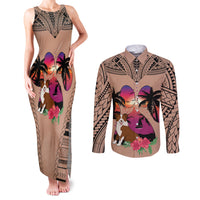 Polynesian Couples Matching Tank Maxi Dress and Long Sleeve Button Shirts Dog Lover With Border Collie - Sunset At The Beach Brown Ver LT7 - Wonder Print Shop