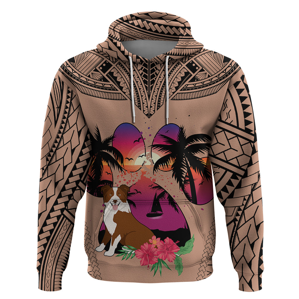 Polynesian Hoodie Dog Lover With Border Collie - Sunset At The Beach Brown Ver - Wonder Print Shop