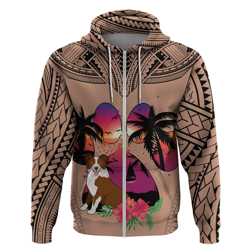 Polynesian Hoodie Dog Lover With Border Collie - Sunset At The Beach Brown Ver - Wonder Print Shop