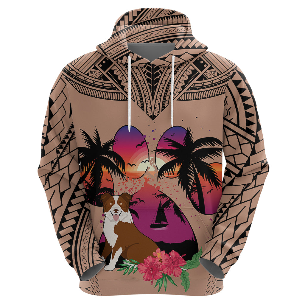 Polynesian Hoodie Dog Lover With Border Collie - Sunset At The Beach Brown Ver - Wonder Print Shop